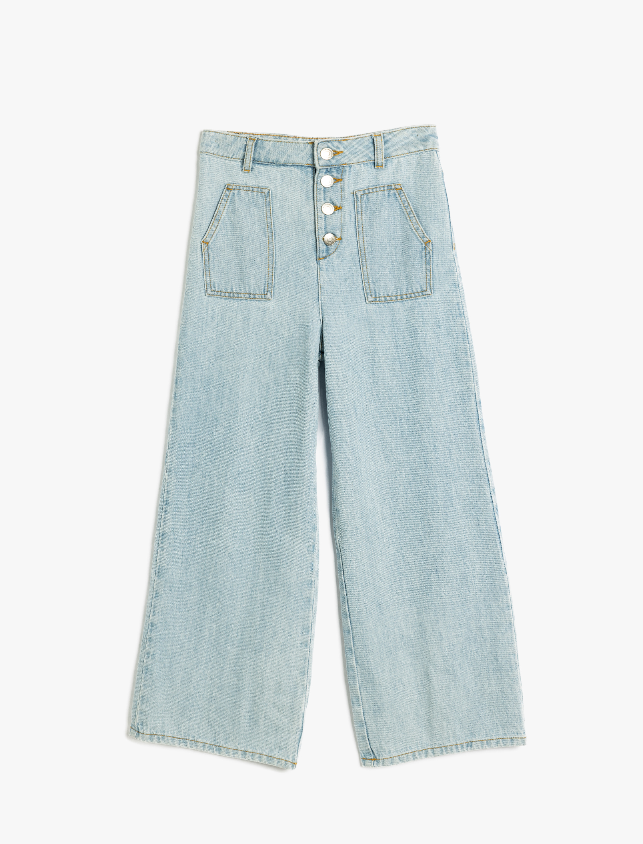 Kız Çocuk Bol Paça Kot Pantolon Cepli Pamuklu  - Wide Leg Jeans