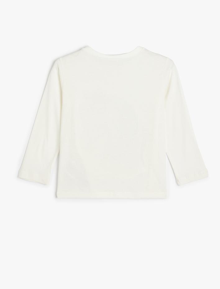 Kız Çocuk Kabartma At Baskılı Tişört Uzun Kollu Bisiklet Yaka Pamuklu