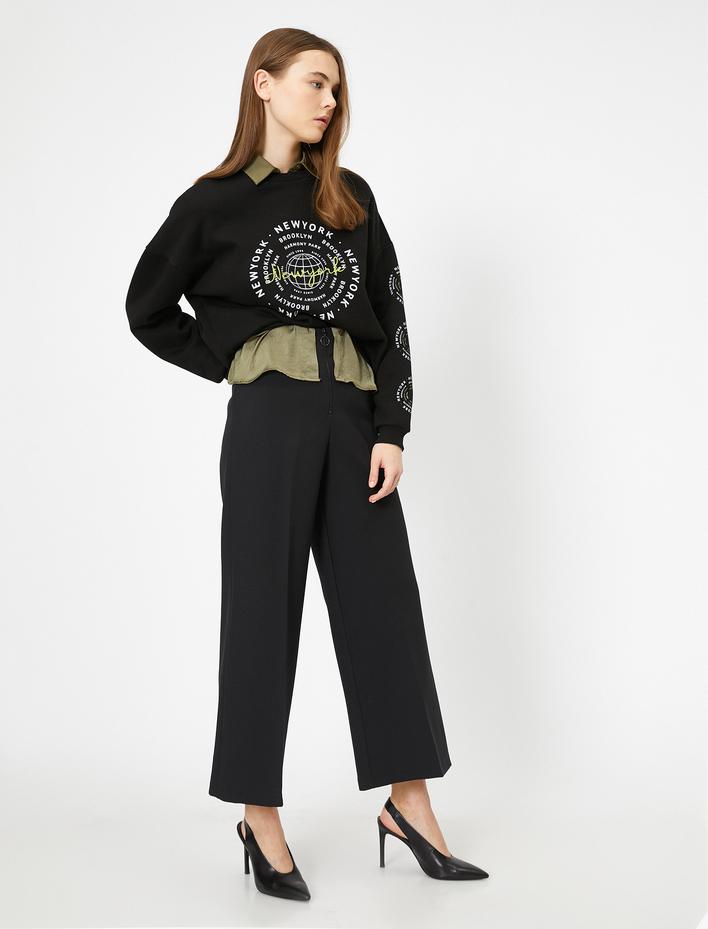  Fermuar Detaylı Geniş Paça Pantolon