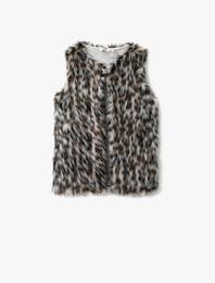 Leopar Desenli Peluş Kapüşonlu Yelek