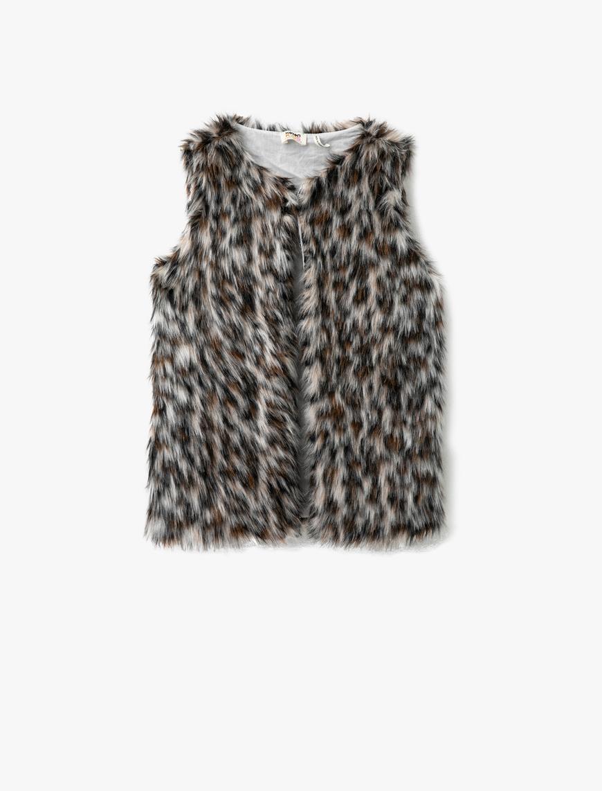  Kız Çocuk Leopar Desenli Peluş Kapüşonlu Yelek
