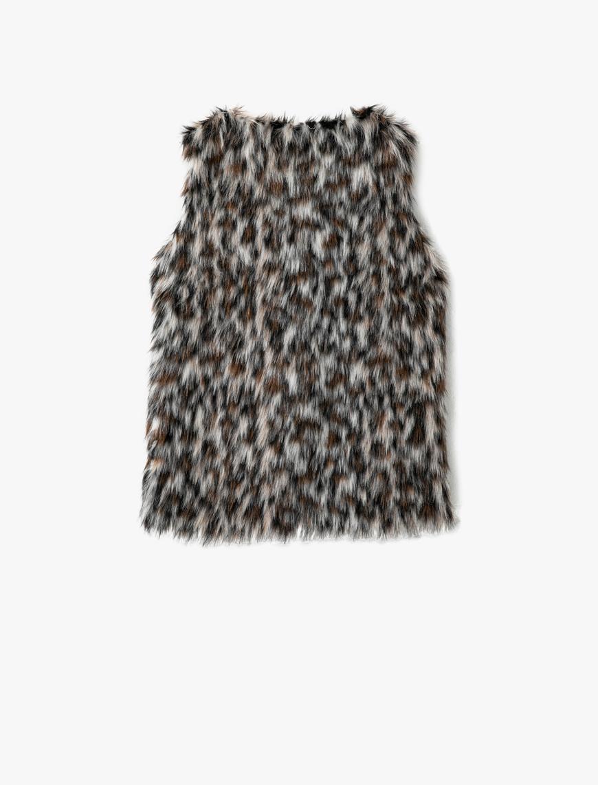  Kız Çocuk Leopar Desenli Peluş Kapüşonlu Yelek