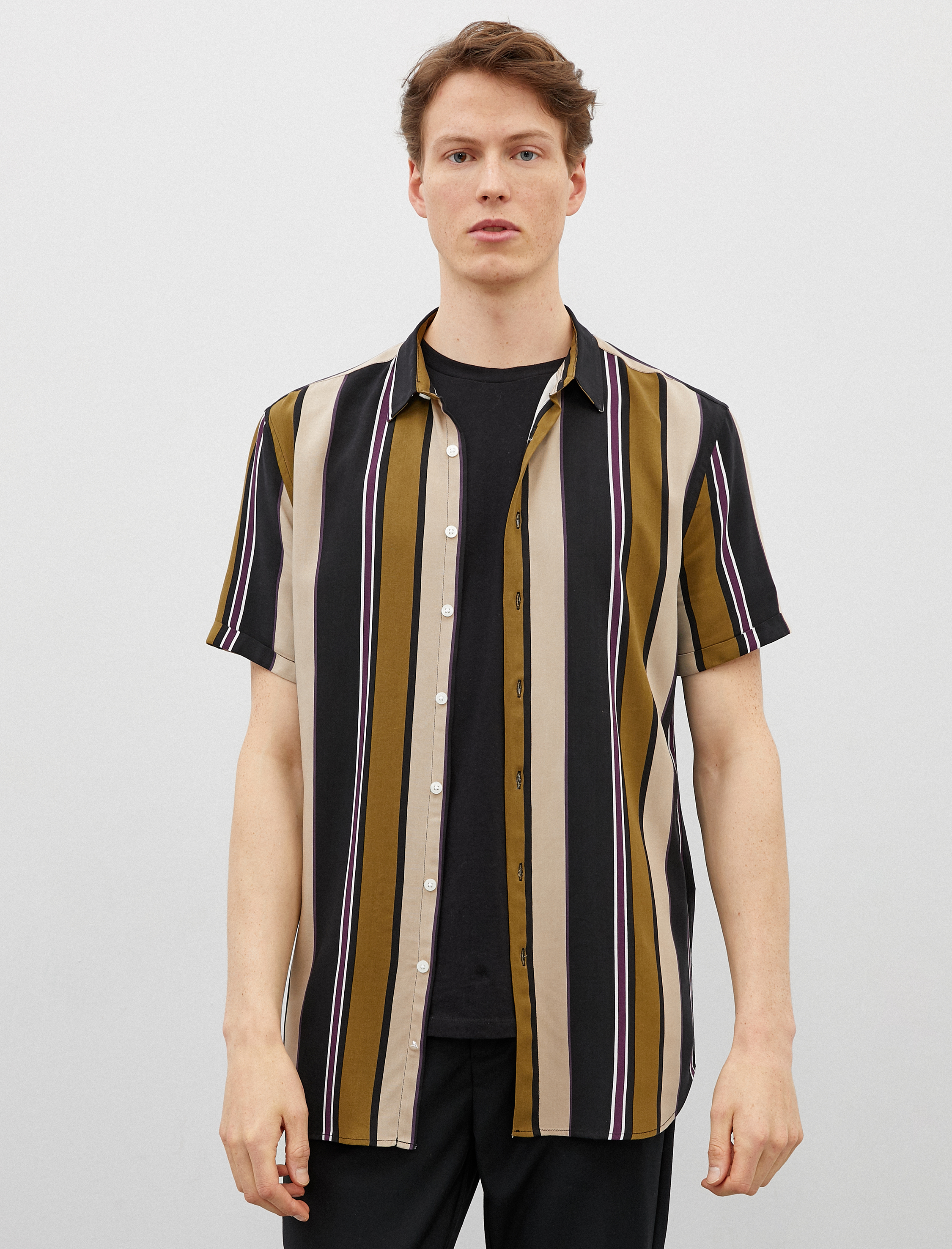   Kısa Kollu Gömlek Çizgili Renk Bloklu