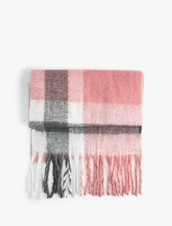 Kadın Atkı Ekose Çok Renkli Yumuşak Dokulu Püsküllü