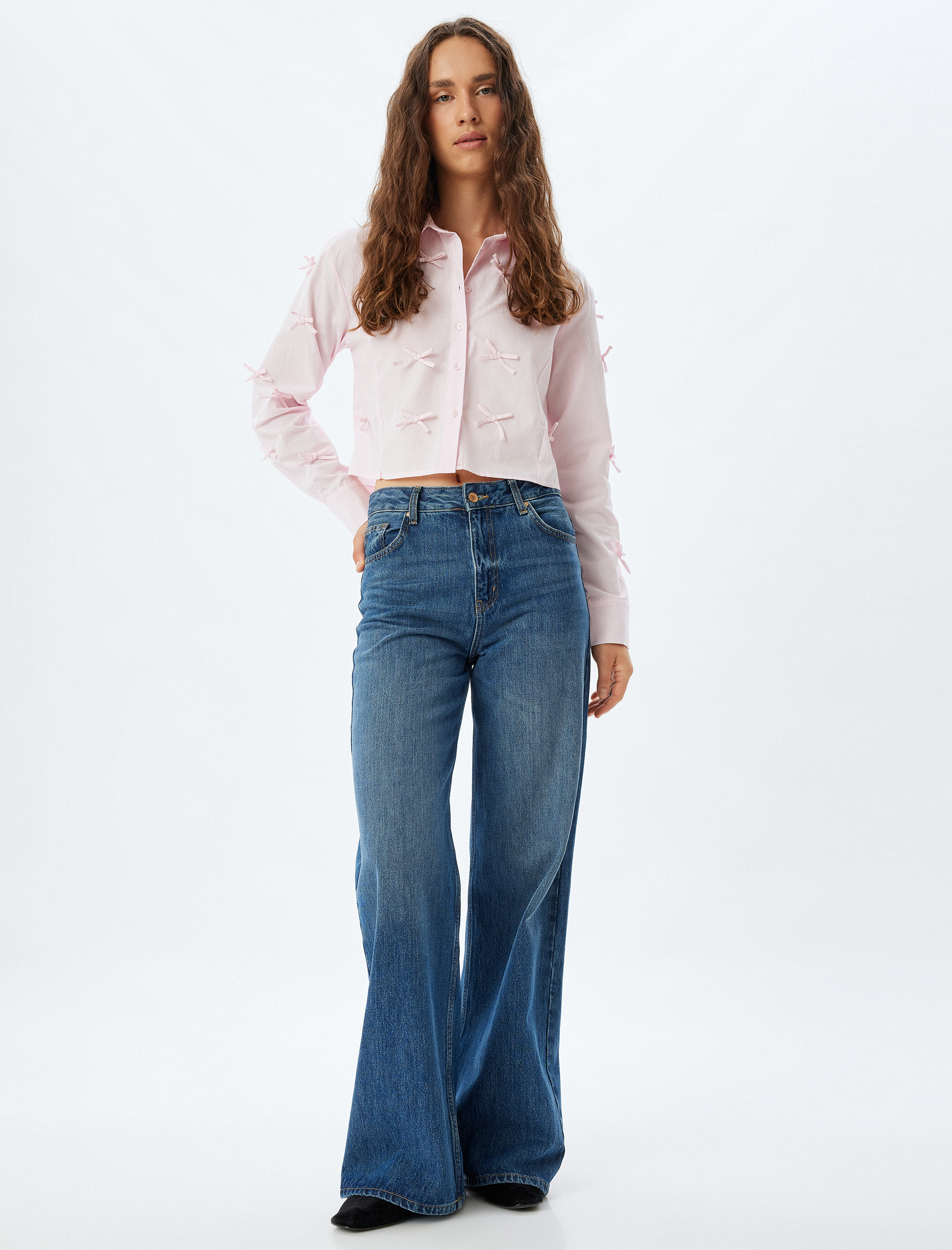 Fiyonklu Poplin Crop Gömlek Slim Fit Uzun Kollu