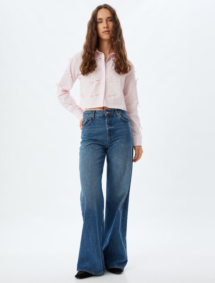  Fiyonklu Poplin Crop Gömlek Slim Fit Uzun Kollu