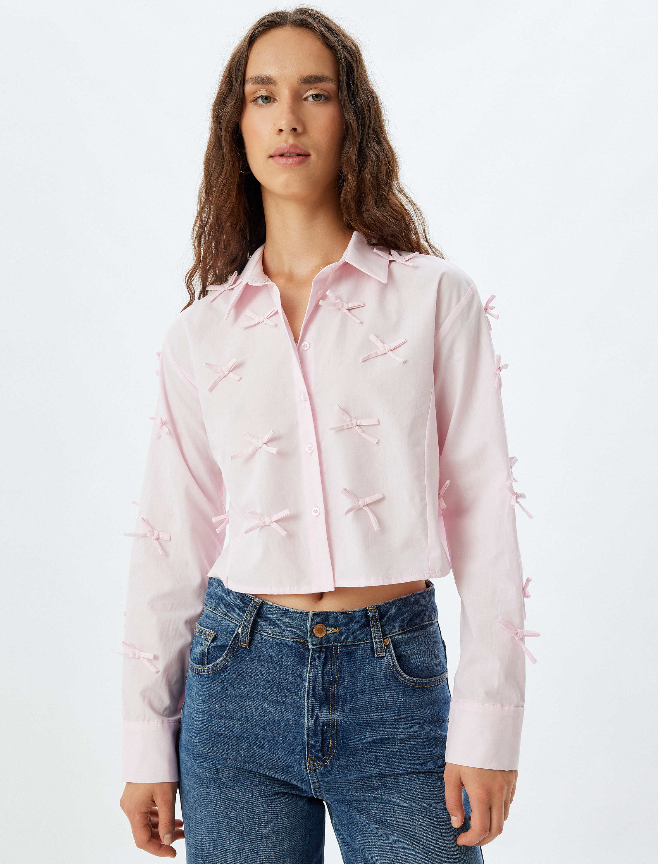 Fiyonklu Poplin Crop Gömlek Slim Fit Uzun Kollu