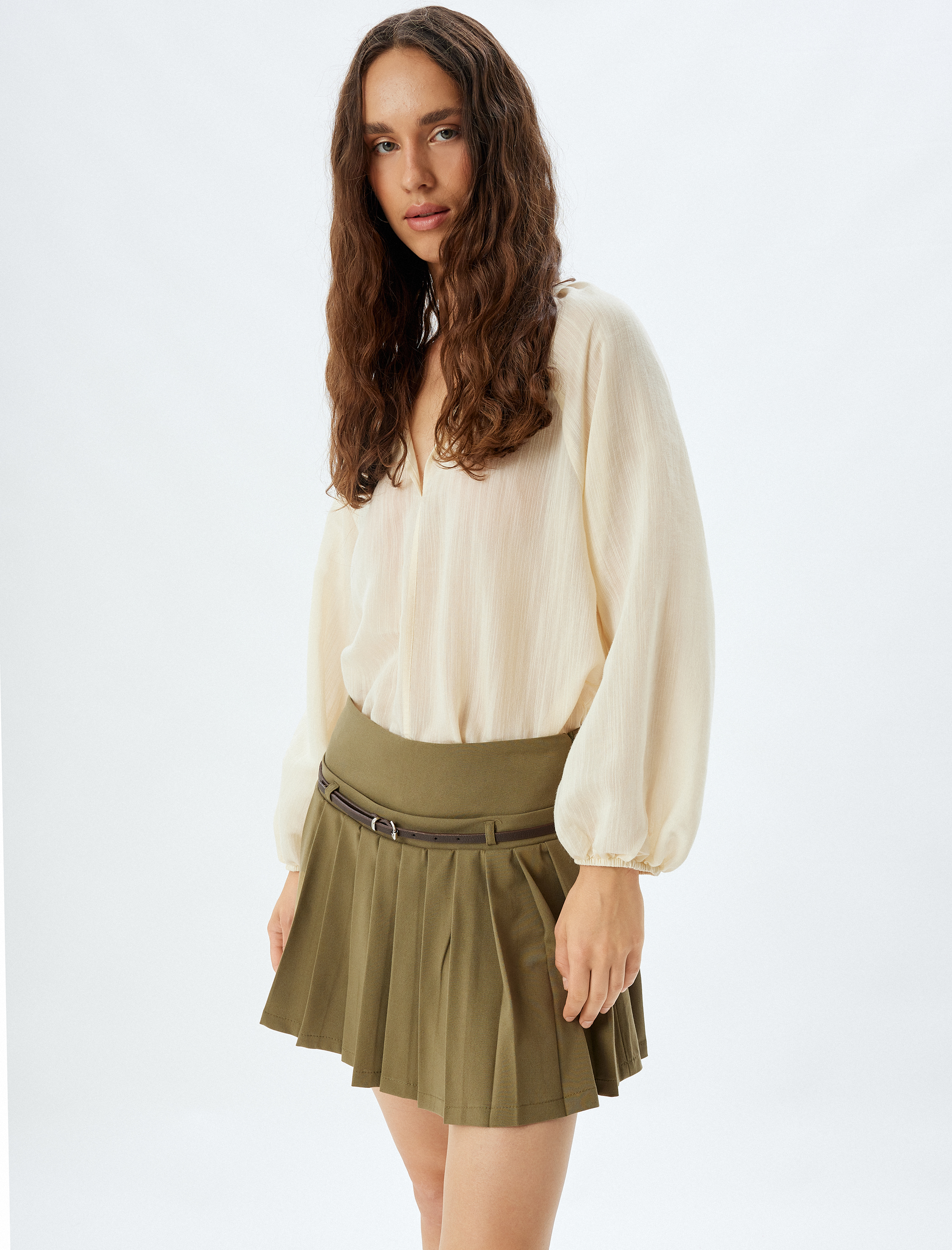   Pileli Kemerli Mini Etek Standart Bel