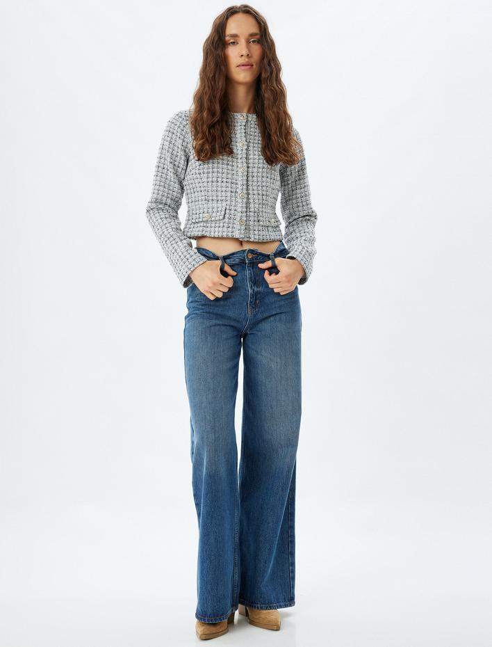  Crop Tüvit Ceket Yuvarlak Yaka Düğmeli Uzun Kollu Cepli