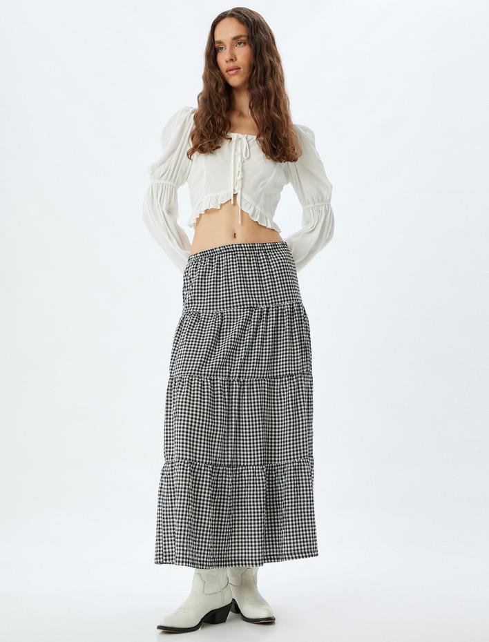 Yırtmaç Detaylı Katlı Beli Lastikli Uzun Ekoseli Etek