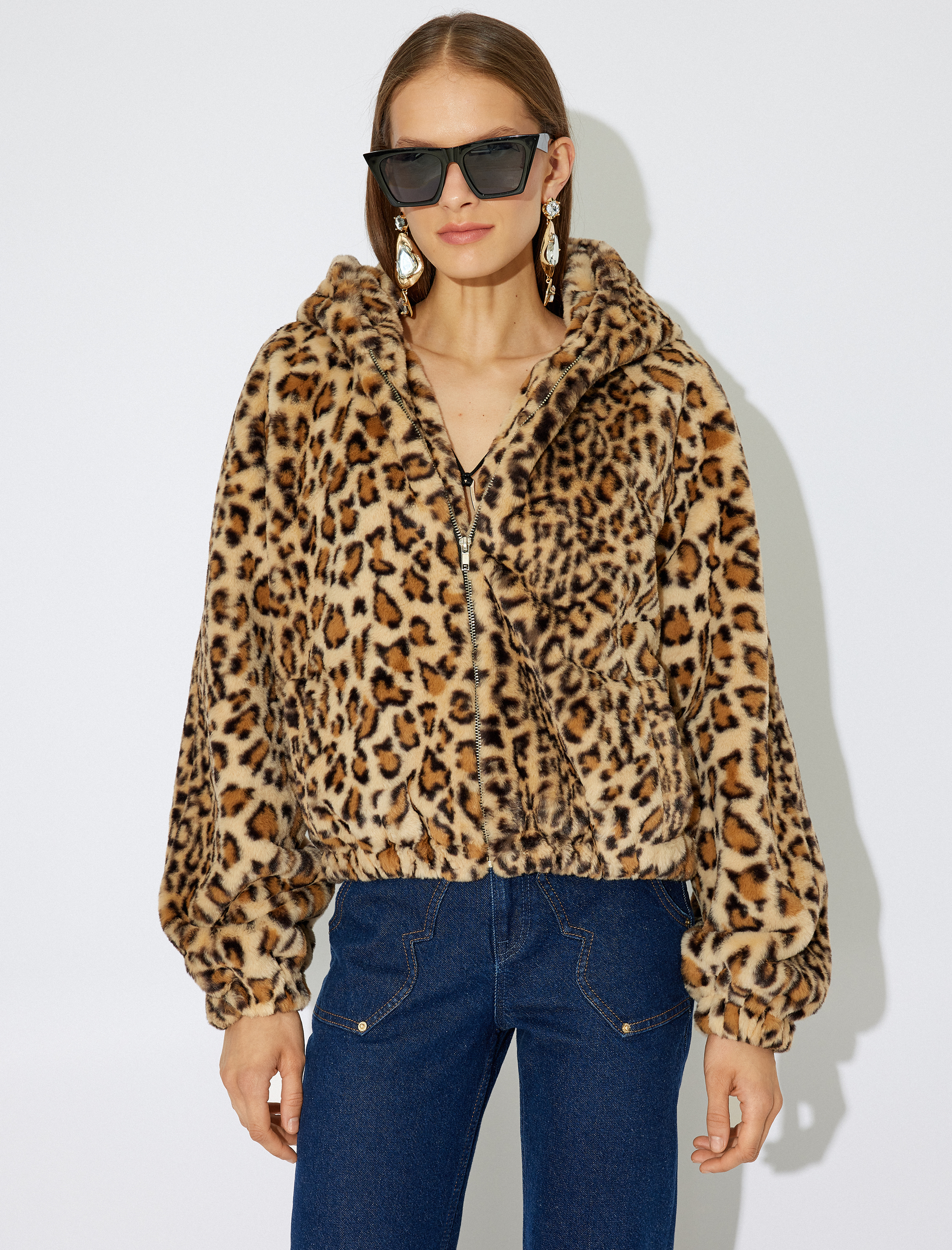   Koton X Zeynep Bastık - Leopar Peluş Ceket Kapüşonlu Cepli