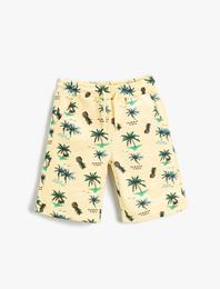 Palmiye Baskılı Şort Beli Lastikli Diz Üstü Pamuklu
