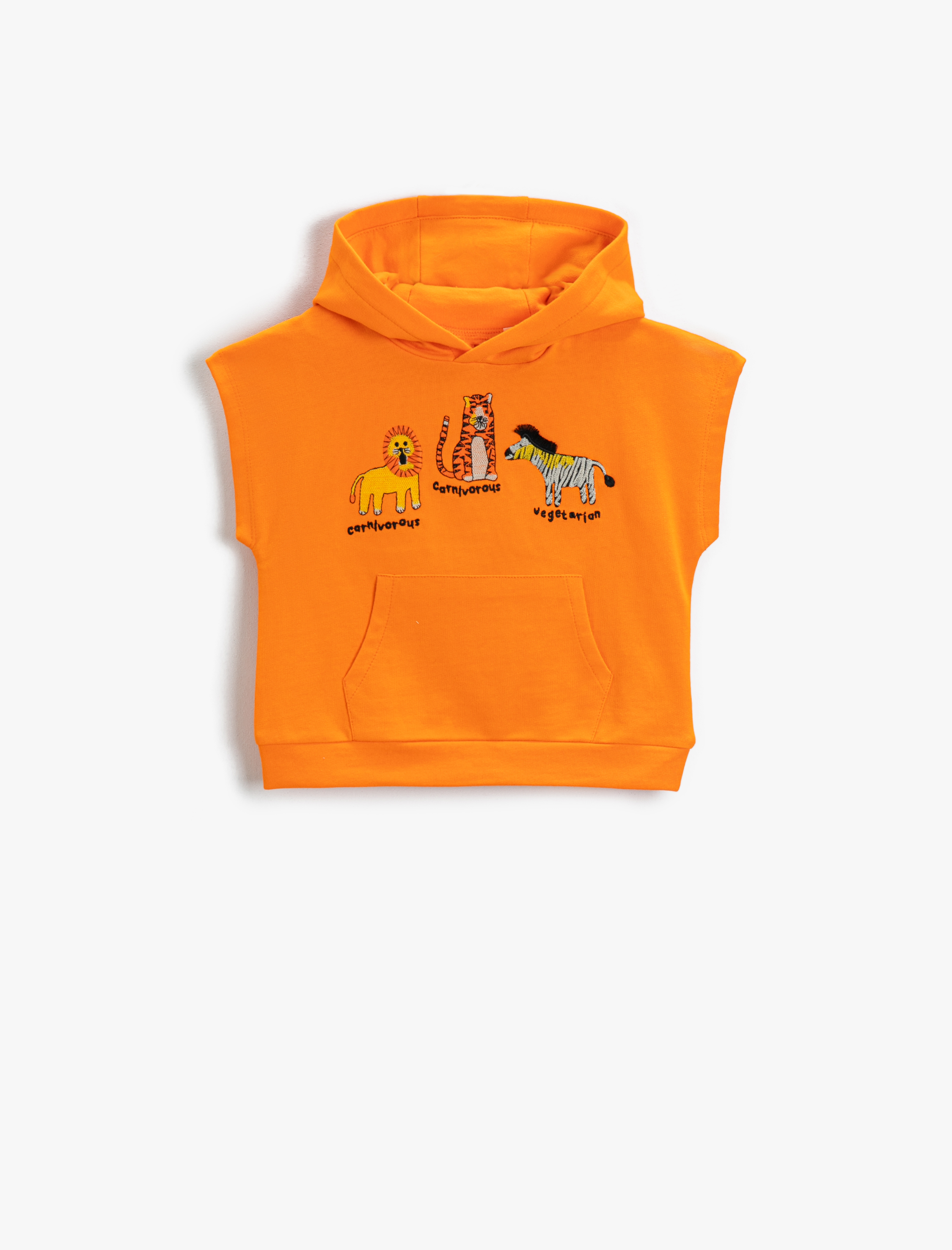  Erkek Bebek Hayvan Baskılı Kolsuz Kanguru Cepli Kapüşonlu Sweatshirt Pamuklu