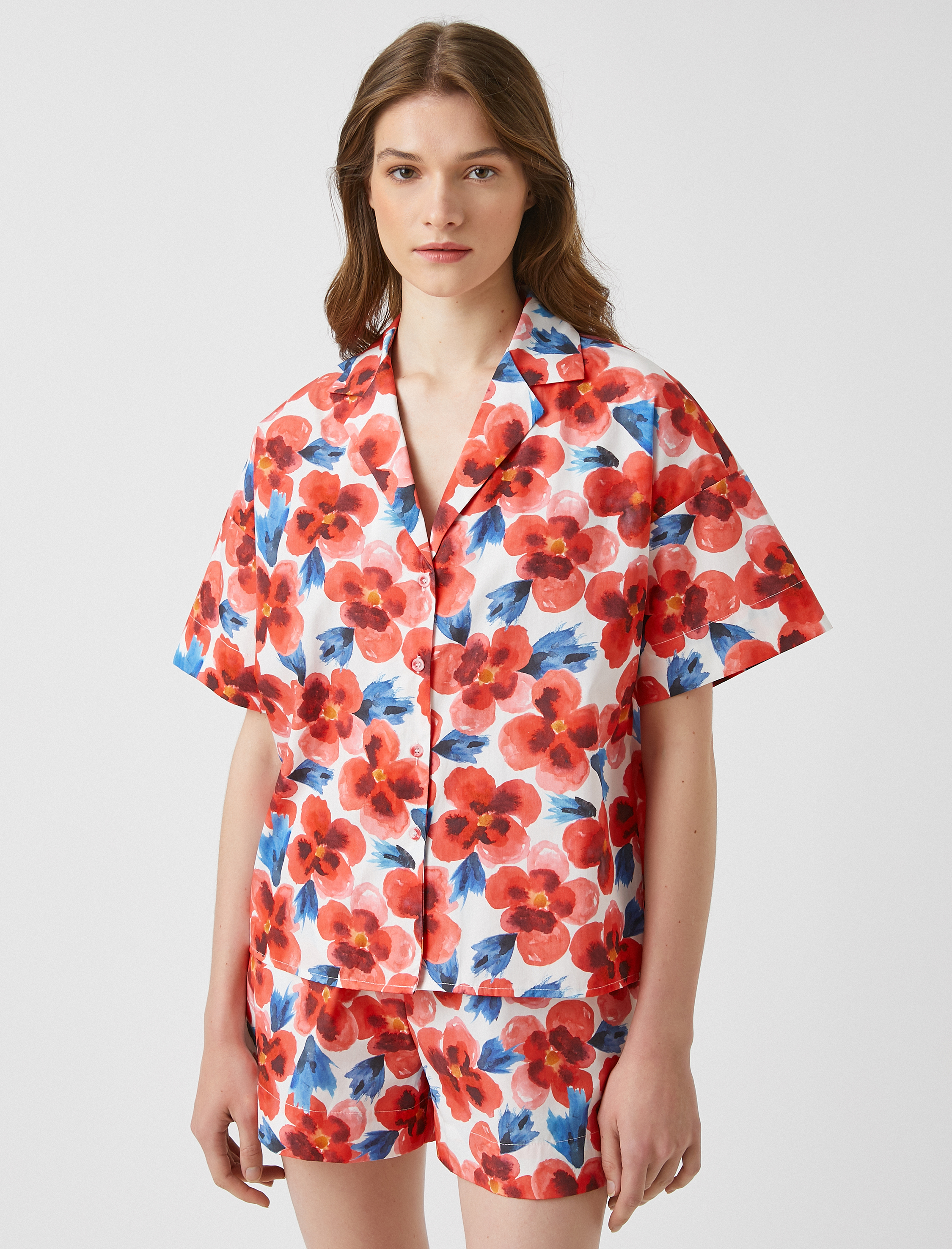   Çiçekli Gömlek Kısa Kollu Pamuklu