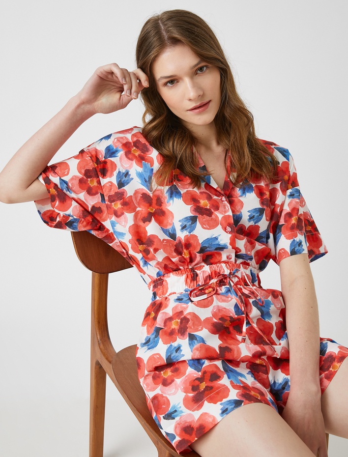  Çiçekli Gömlek Kısa Kollu Pamuklu