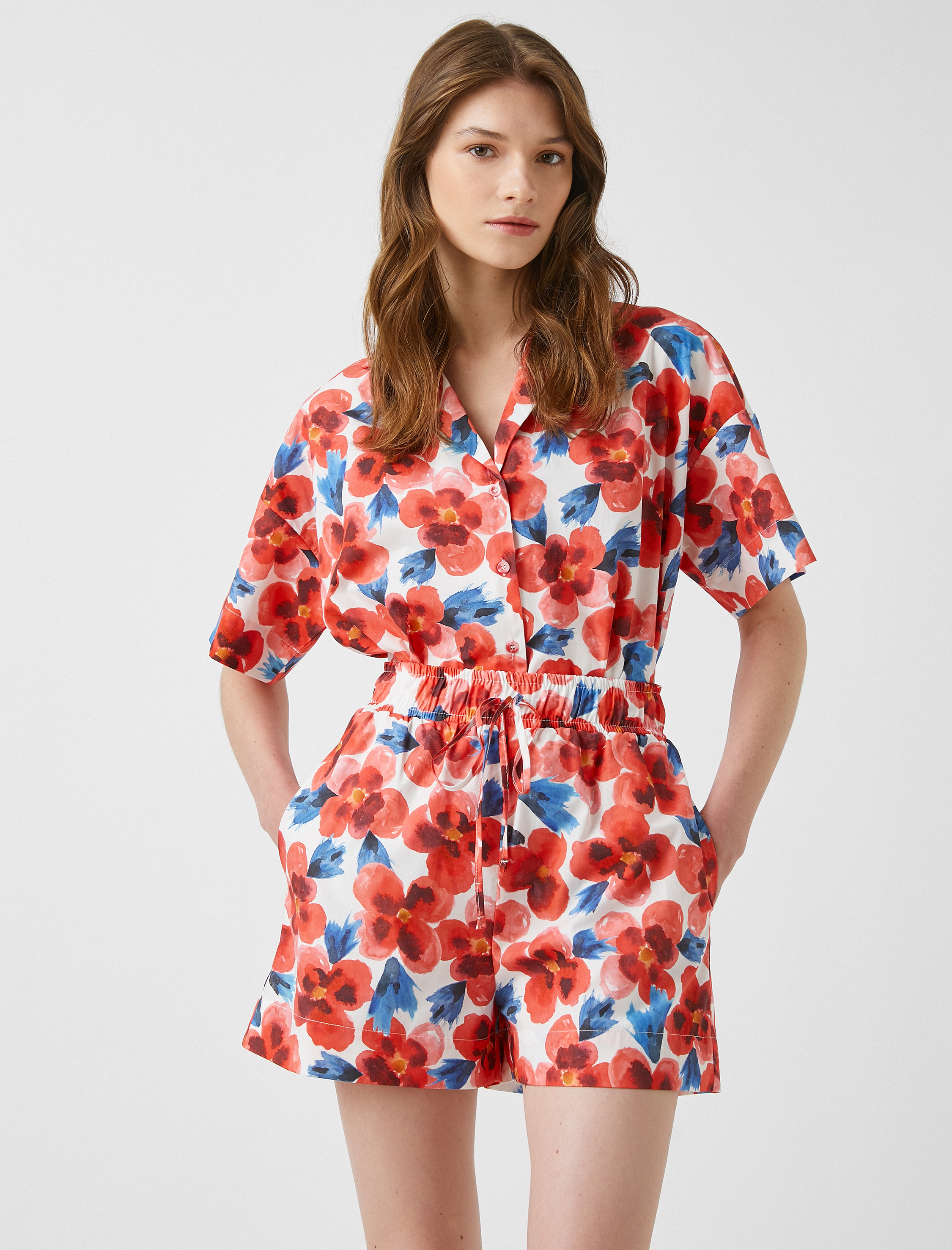   Çiçekli Gömlek Kısa Kollu Pamuklu