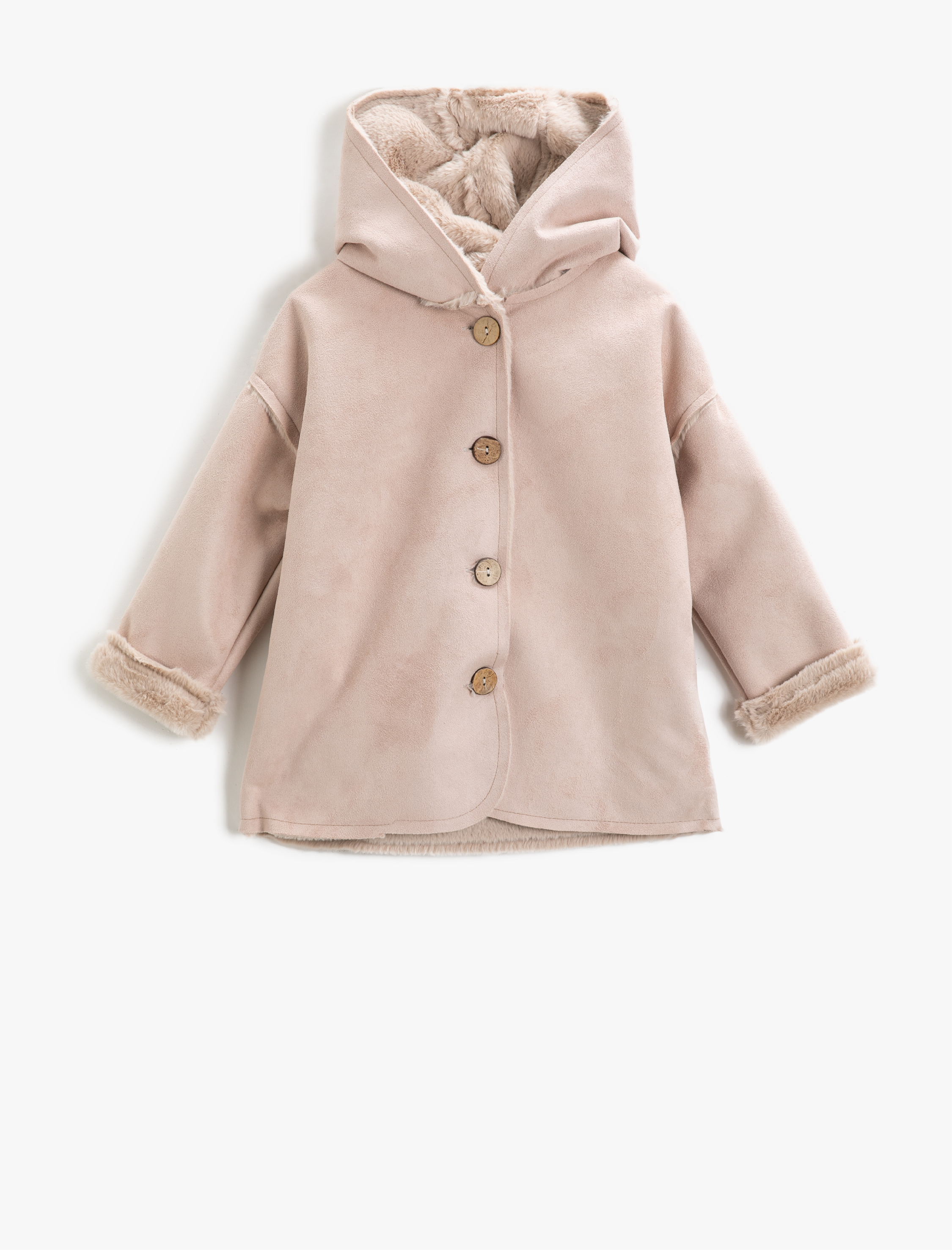  Kız Çocuk Süet Kapüşonlu Kaban İçi Suni Kürklü