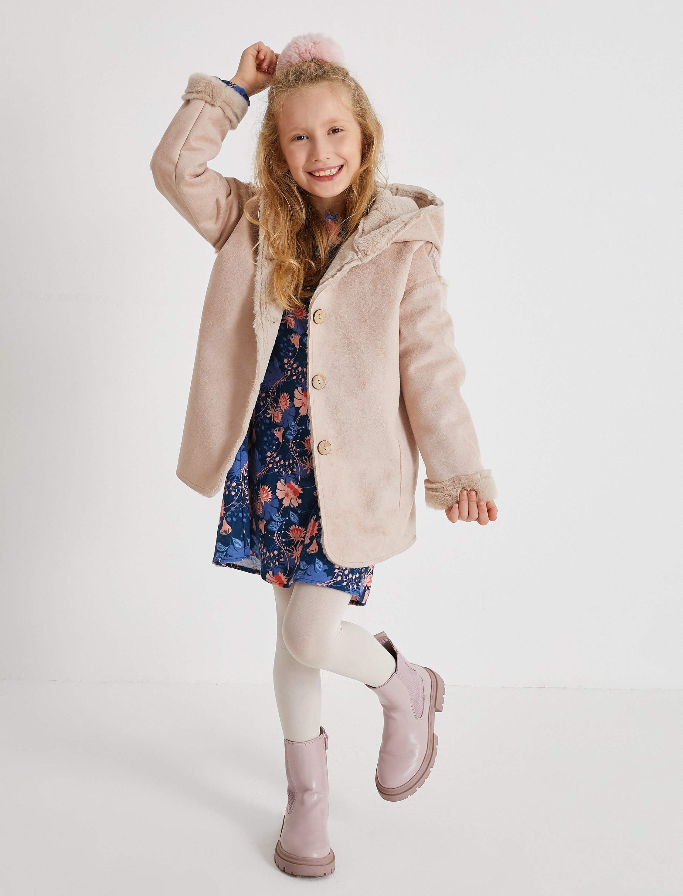  Kız Çocuk Süet Kapüşonlu Kaban İçi Suni Kürklü