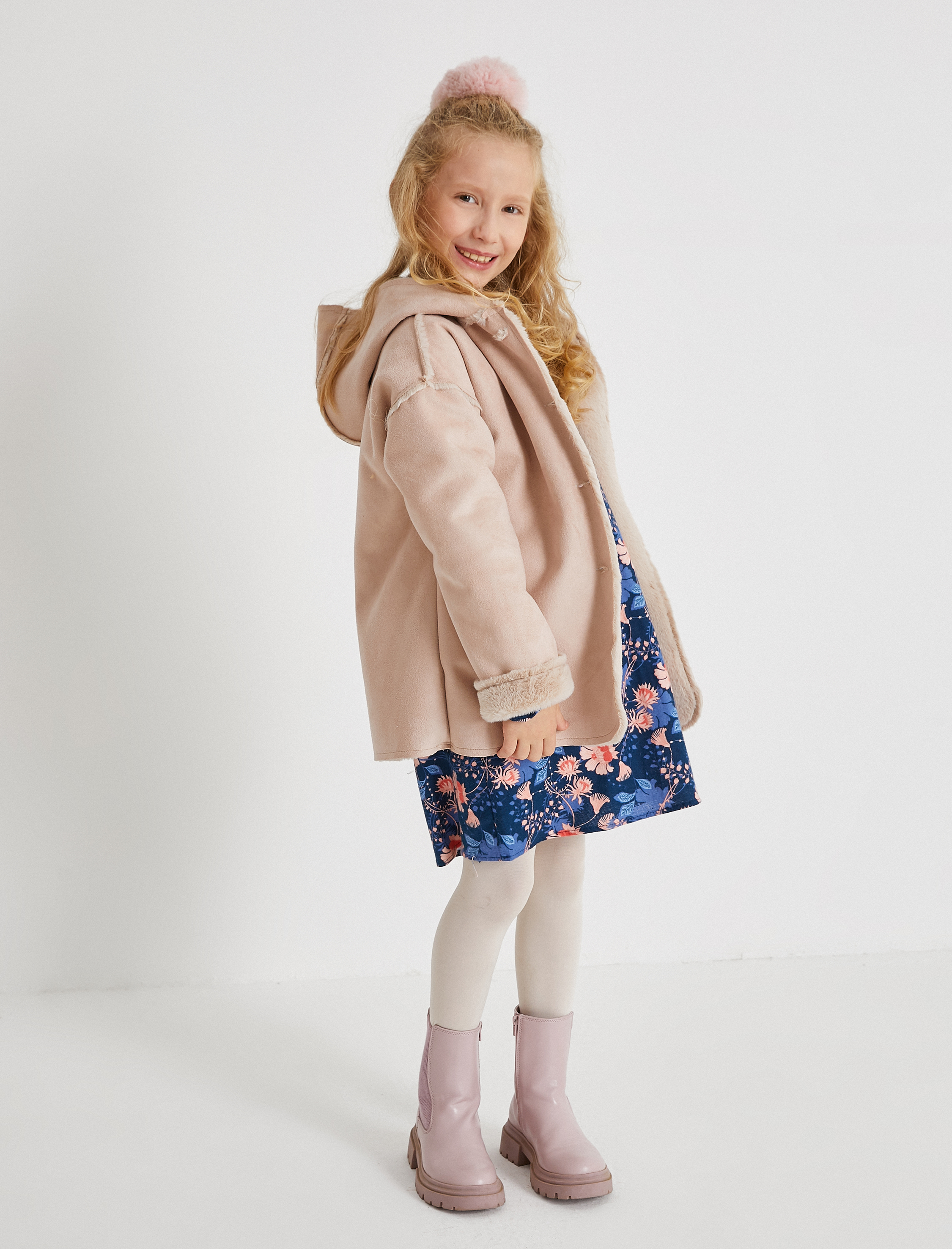  Kız Çocuk Süet Kapüşonlu Kaban İçi Suni Kürklü