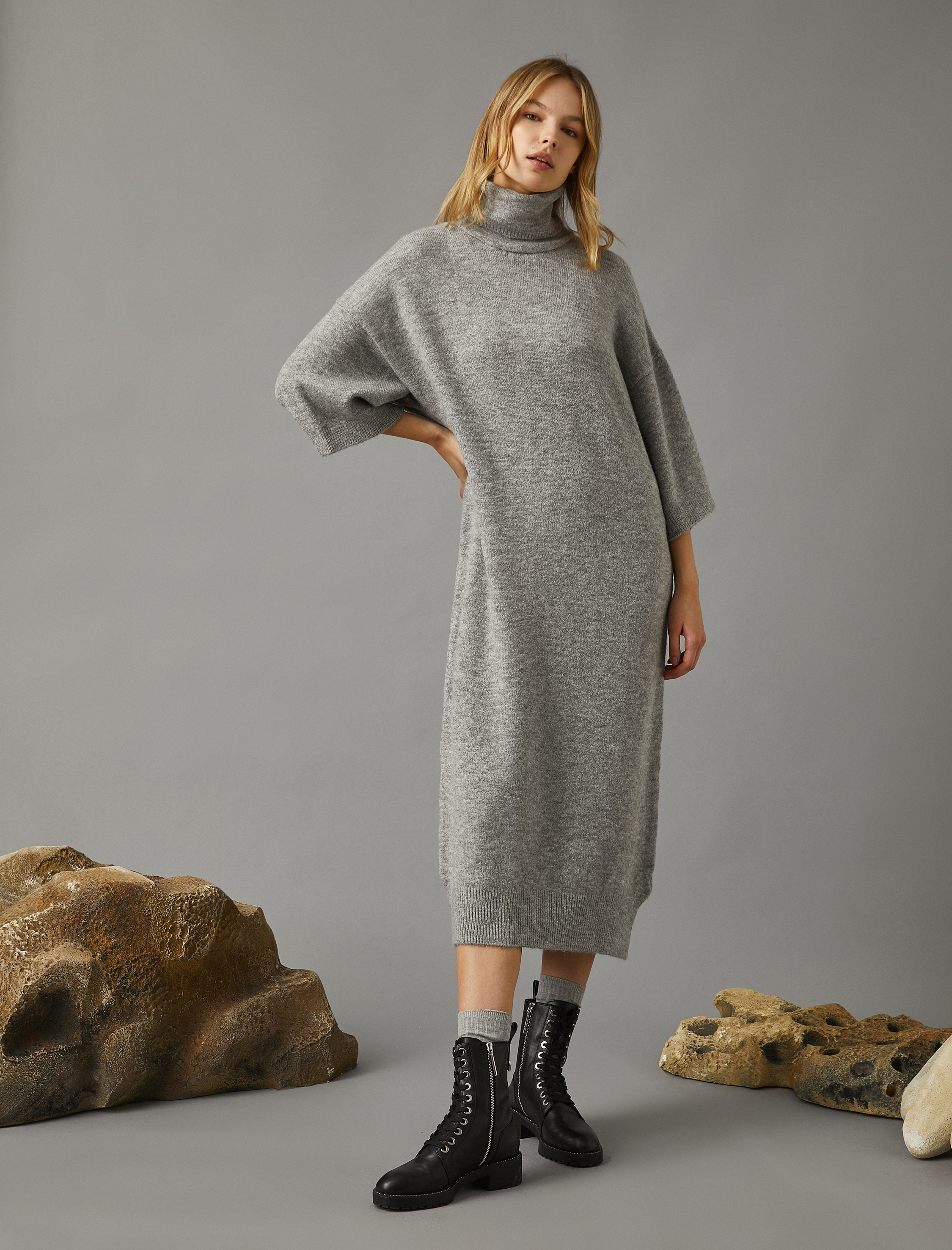   Yarasa Kollu Balıkçı Yaka Uzun Triko Elbise