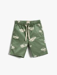 Beli Bağcıklı Araba Baskılı Şort Pamuklu Cepli