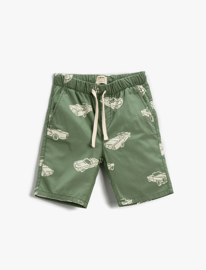 Erkek Çocuk Beli Bağcıklı Araba Baskılı Şort Pamuklu Cepli