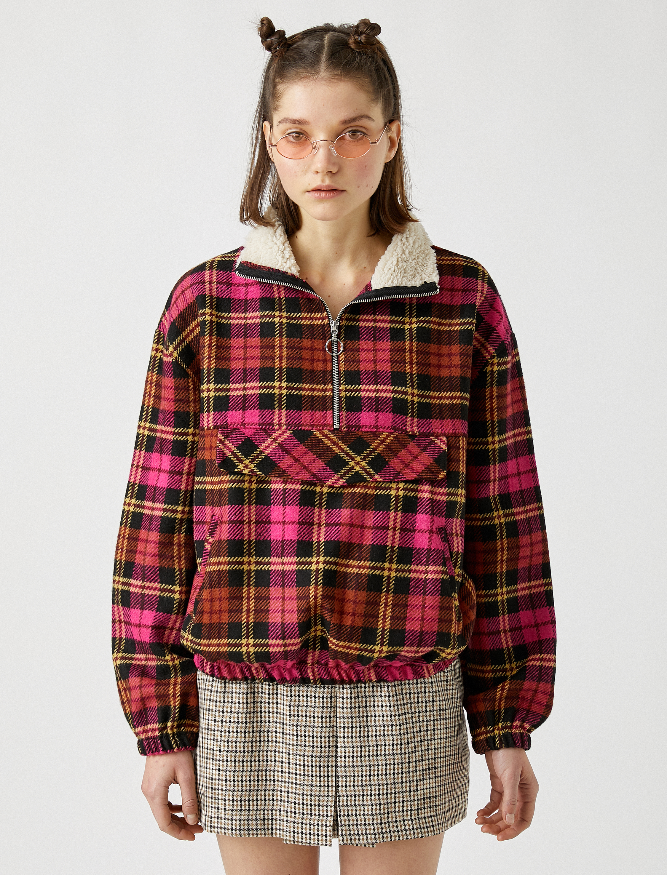   Suni Kürk Detaylı Ekose Fermuarlı Gömlek