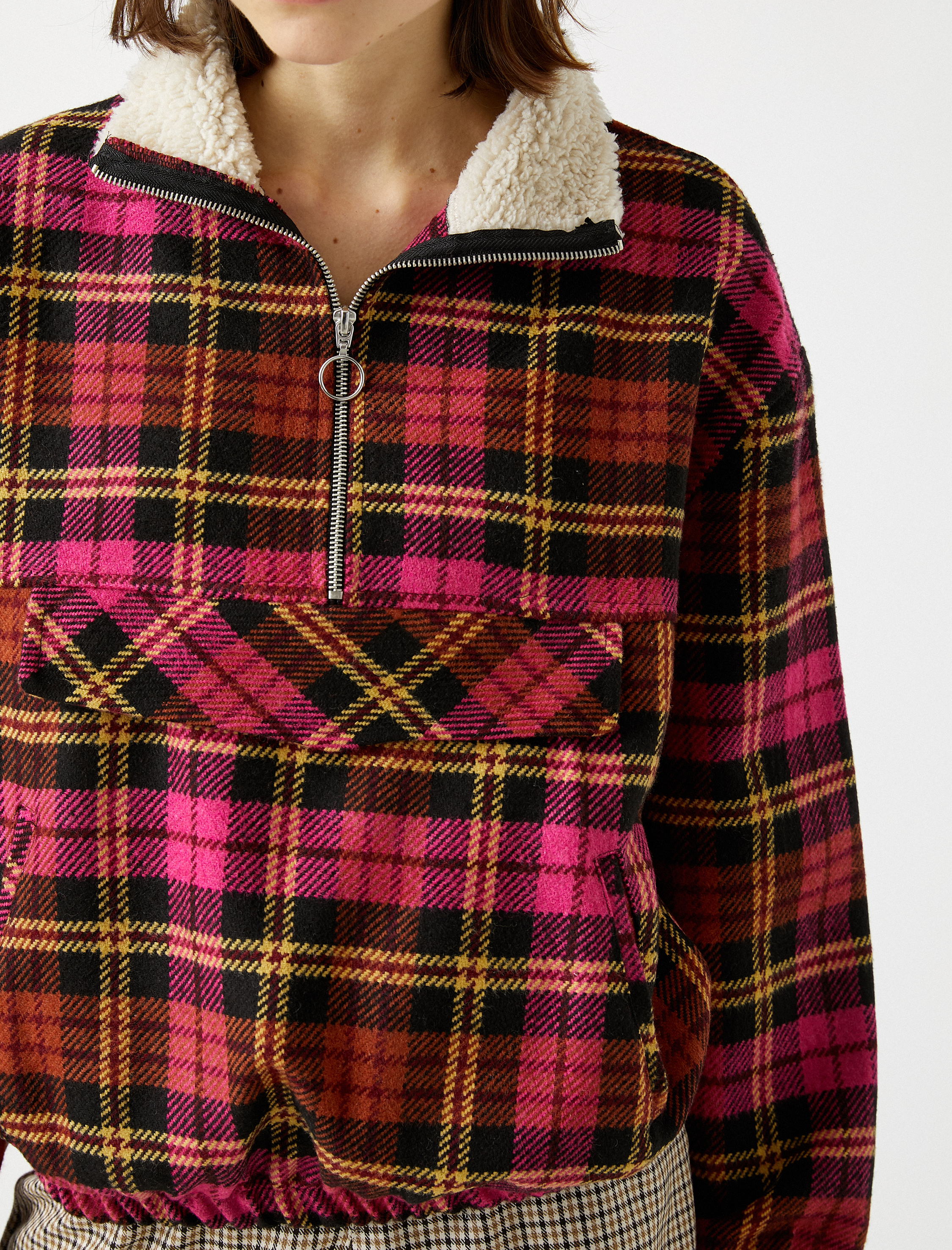   Suni Kürk Detaylı Ekose Fermuarlı Gömlek