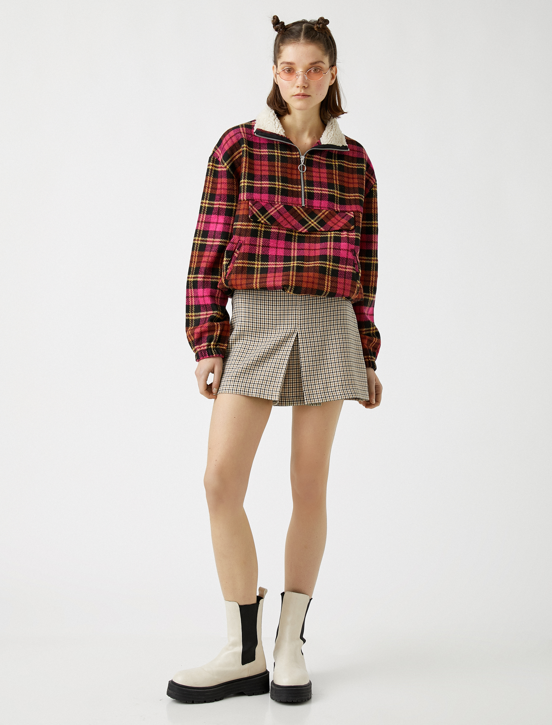   Suni Kürk Detaylı Ekose Fermuarlı Gömlek