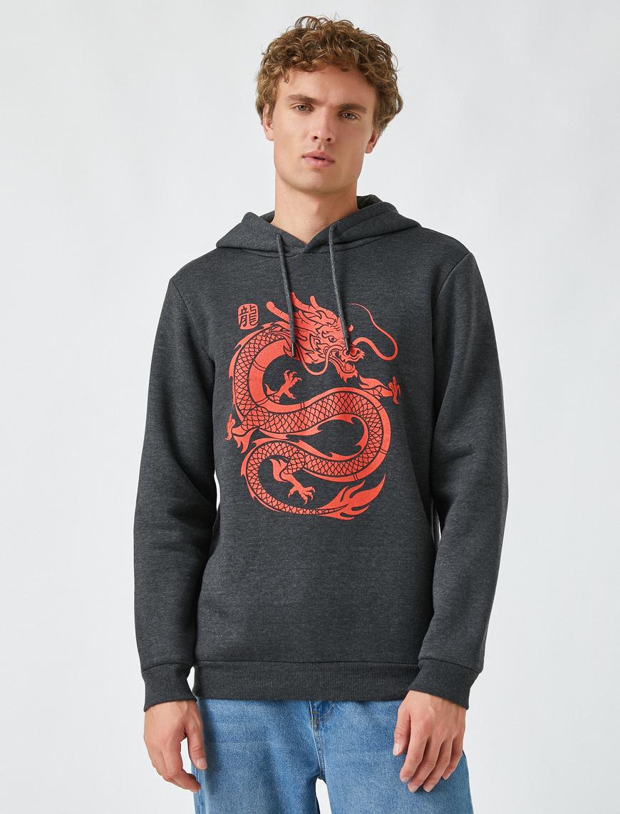   Ejderha Baskılı Kapüşonlu Sweatshirt