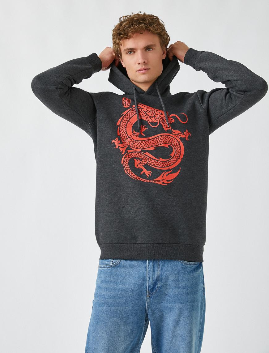   Ejderha Baskılı Kapüşonlu Sweatshirt