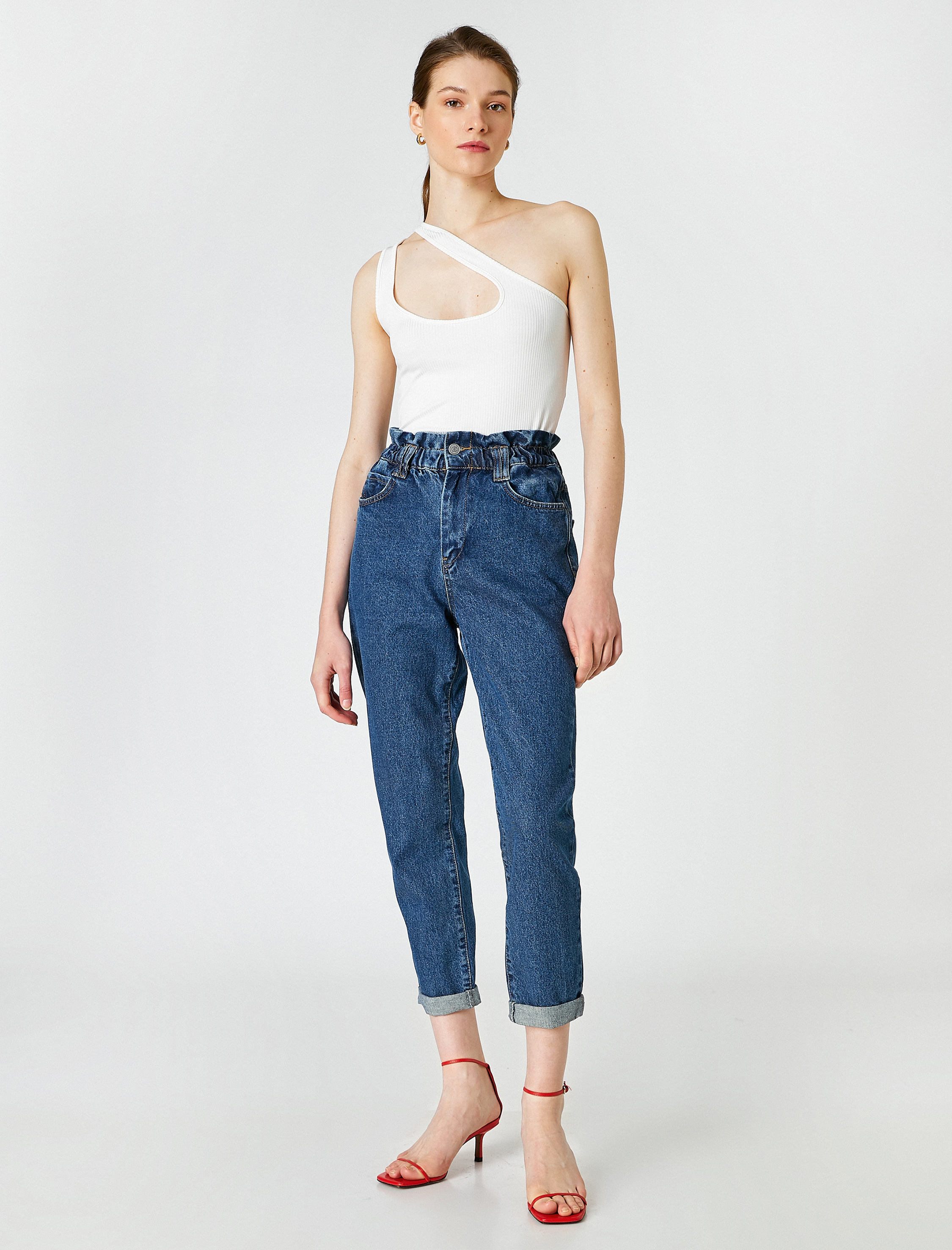 Beli Lastikli Yüksek Bel Kot Pantolon - Mom Jean