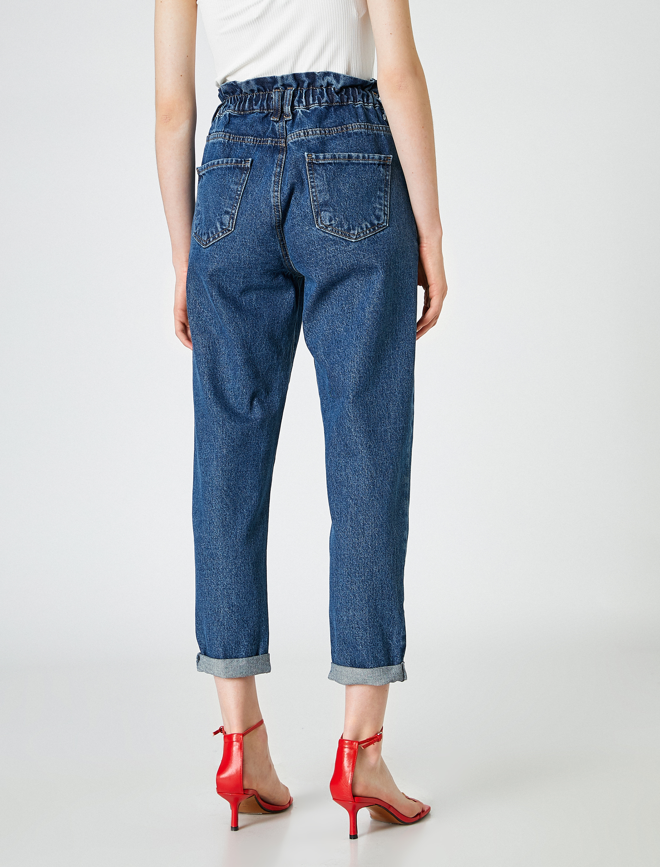 Beli Lastikli Yüksek Bel Kot Pantolon - Mom Jean