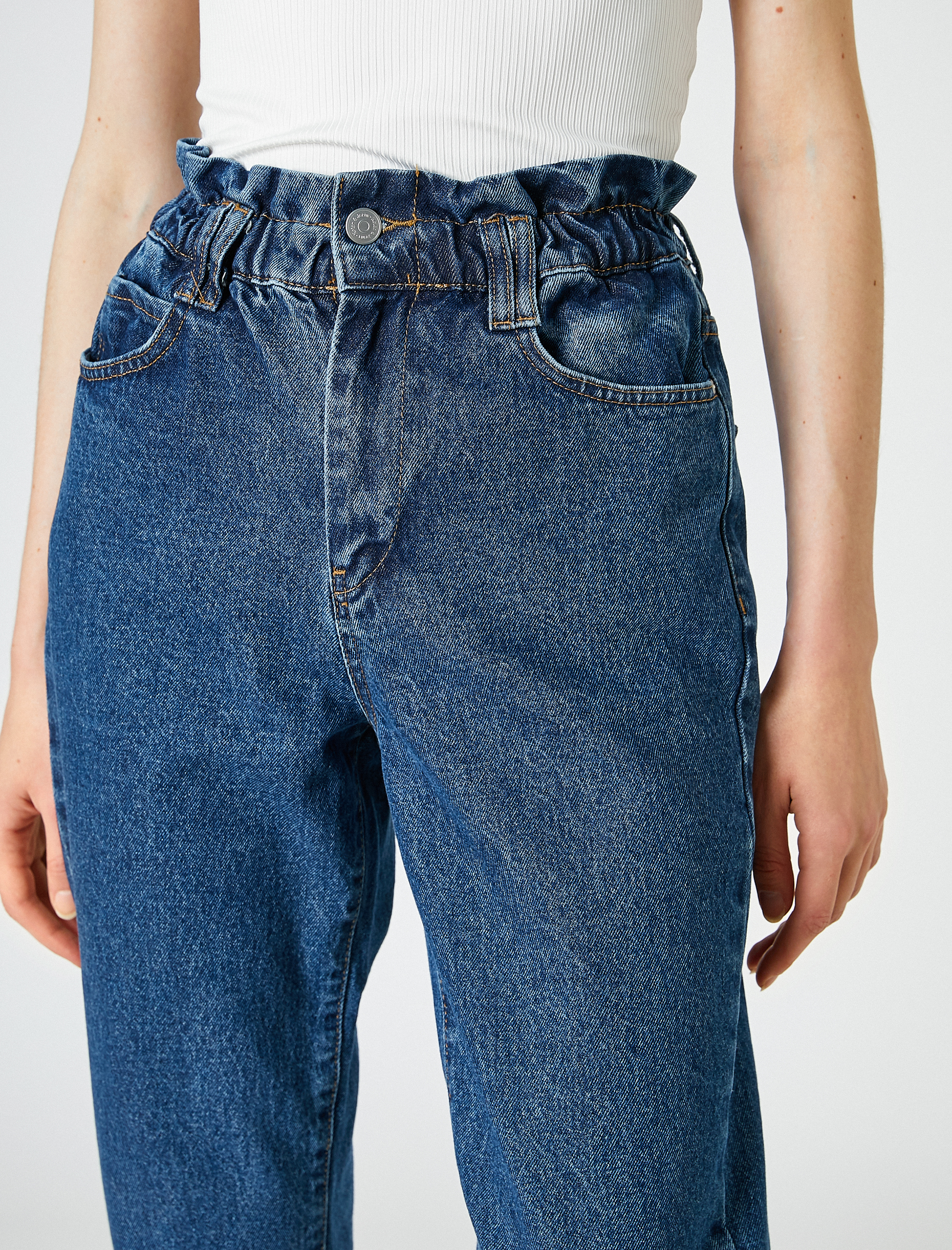 Beli Lastikli Yüksek Bel Kot Pantolon - Mom Jean