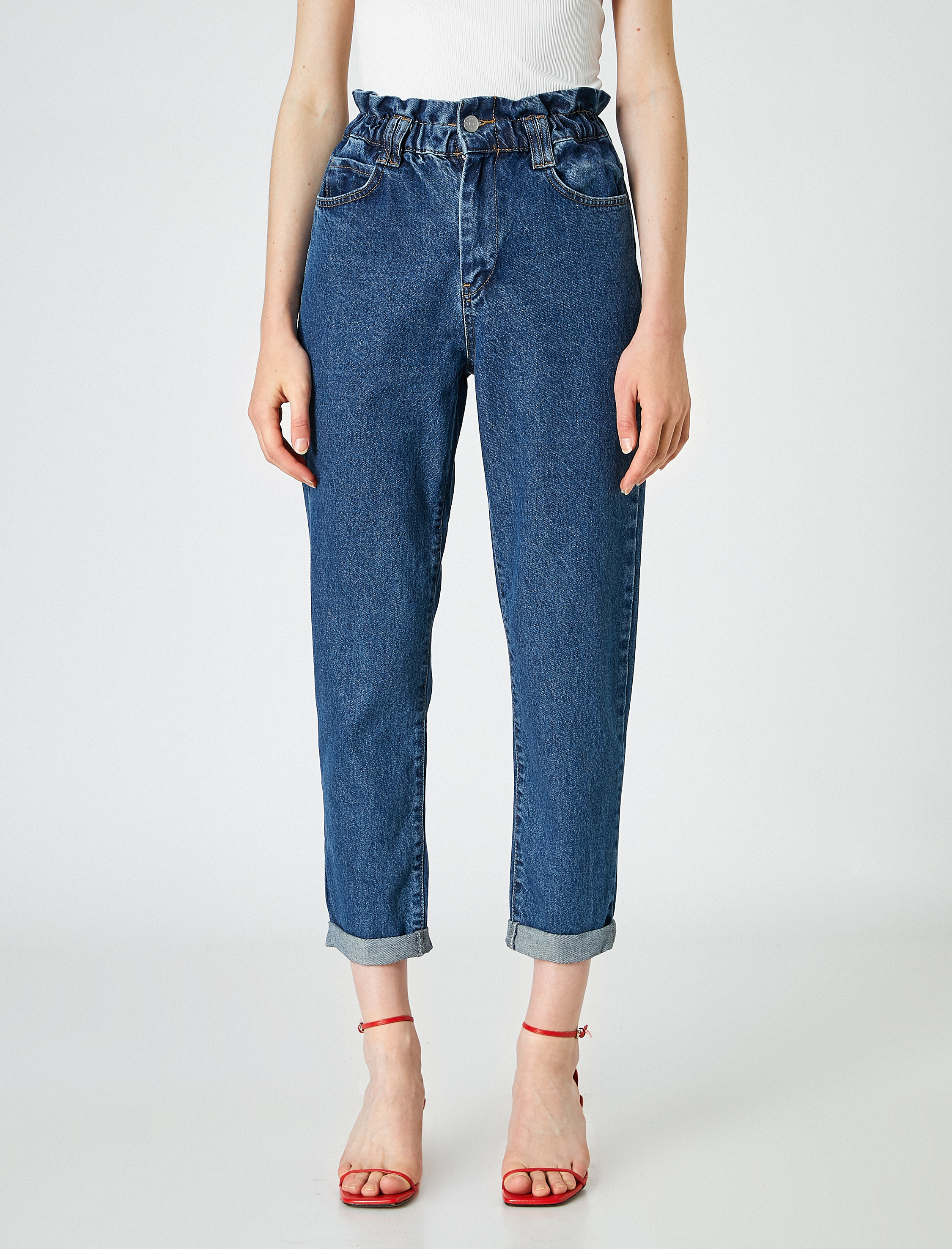 Beli Lastikli Yüksek Bel Kot Pantolon - Mom Jean