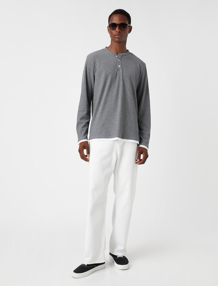  Yakası Düğmeli Uzun Kollu Tişört