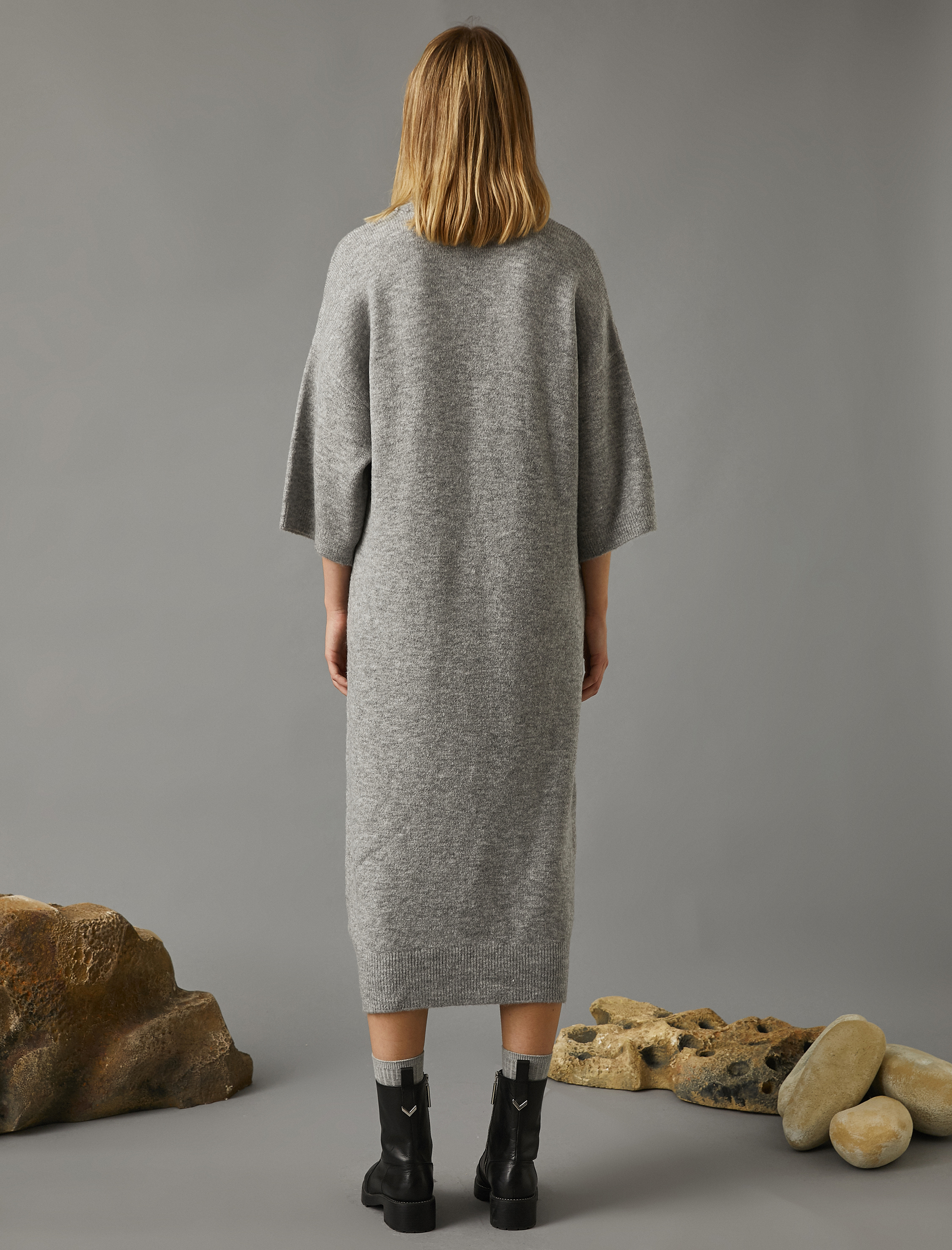   Yarasa Kollu Balıkçı Yaka Uzun Triko Elbise