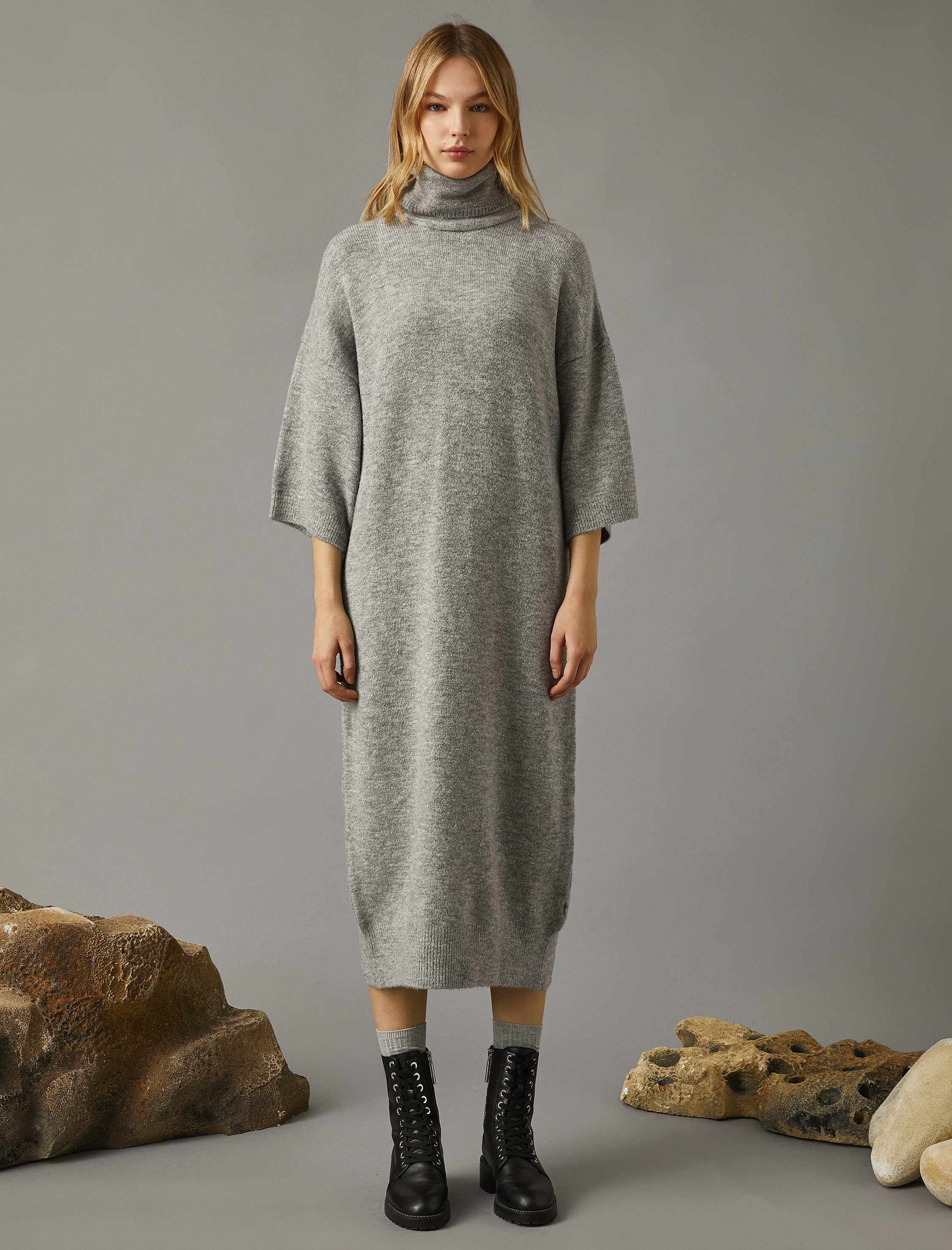   Yarasa Kollu Balıkçı Yaka Uzun Triko Elbise