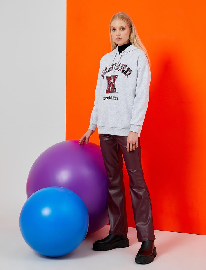  Oversize Kolej Sweatshirt Kapüşonlu Baskılı Harvard Lisanslı İçi Polarlı