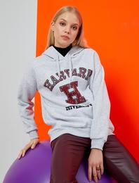 Oversize Kolej Sweatshirt Kapüşonlu Baskılı Harvard Lisanslı İçi Polarlı