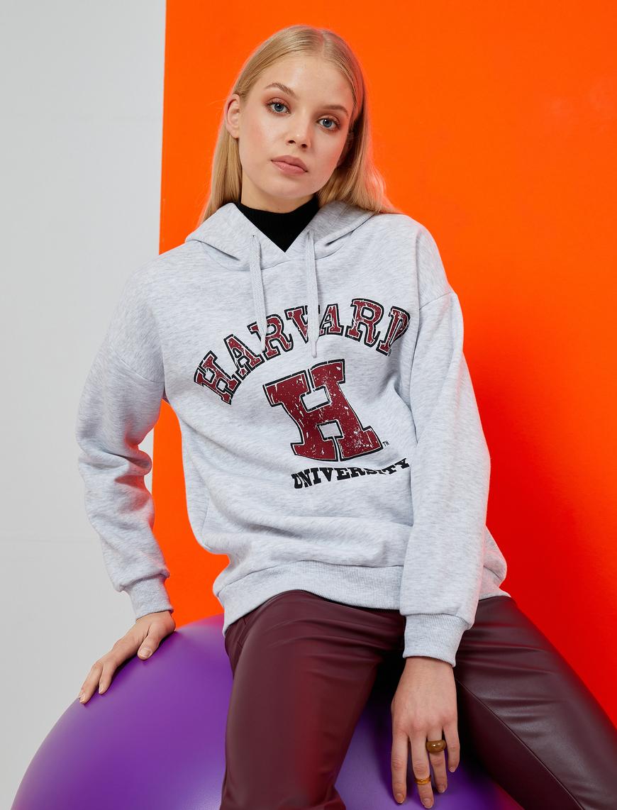   Oversize Kolej Sweatshirt Kapüşonlu Baskılı Harvard Lisanslı İçi Polarlı