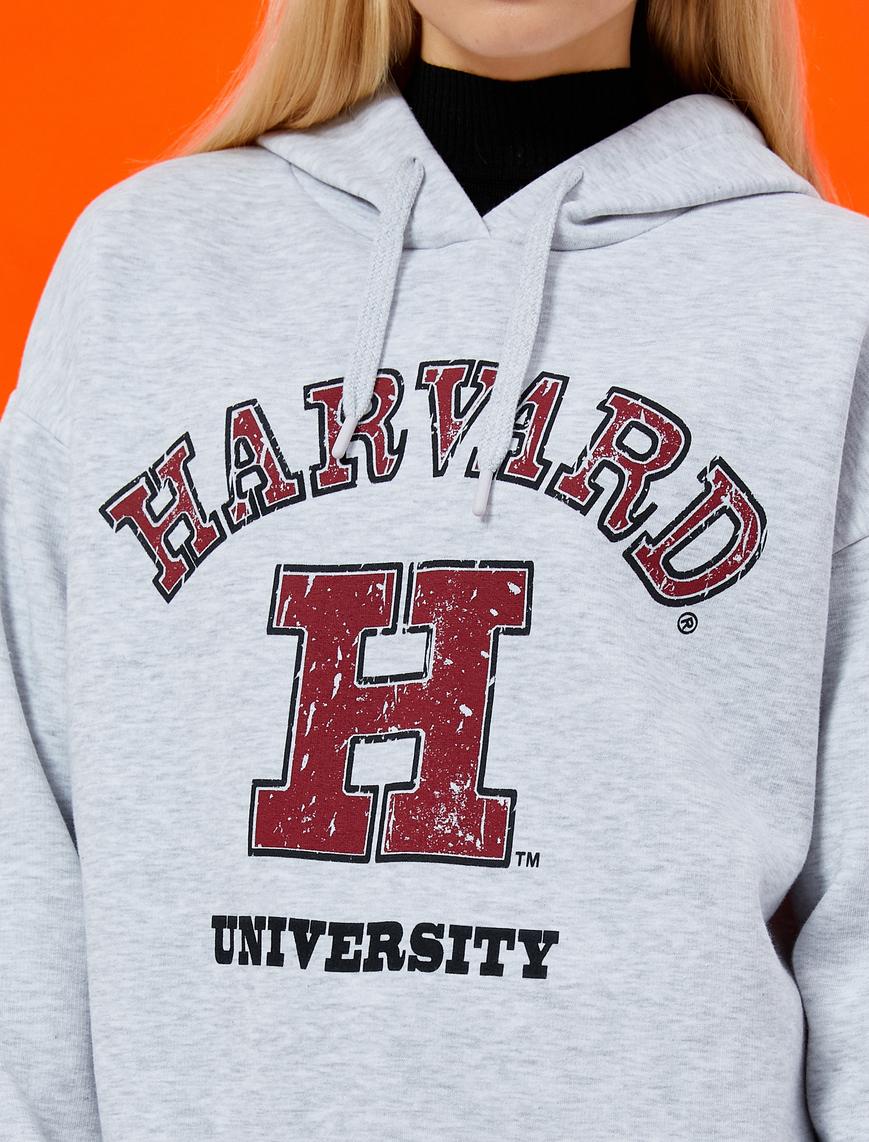   Oversize Kolej Sweatshirt Kapüşonlu Baskılı Harvard Lisanslı İçi Polarlı