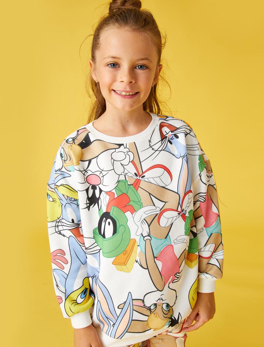  Kız Çocuk Sweat Looney Tunes Baskılı Lisanslı Bisiklet Yaka