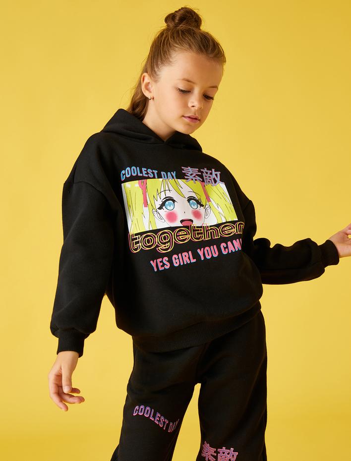 Kız Çocuk Oversize Sweatshirt Baskılı Bisiklet Yaka