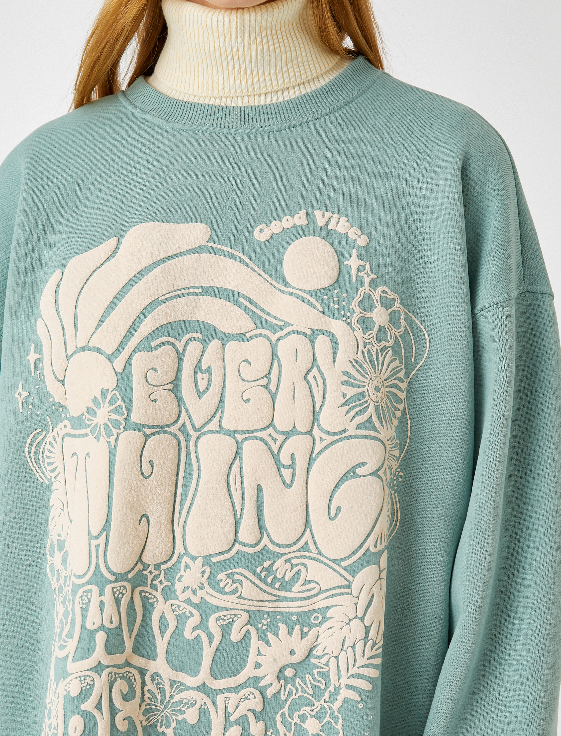   Oversize Sweatshirt Dik Yaka Baskılı İçi Polarlı