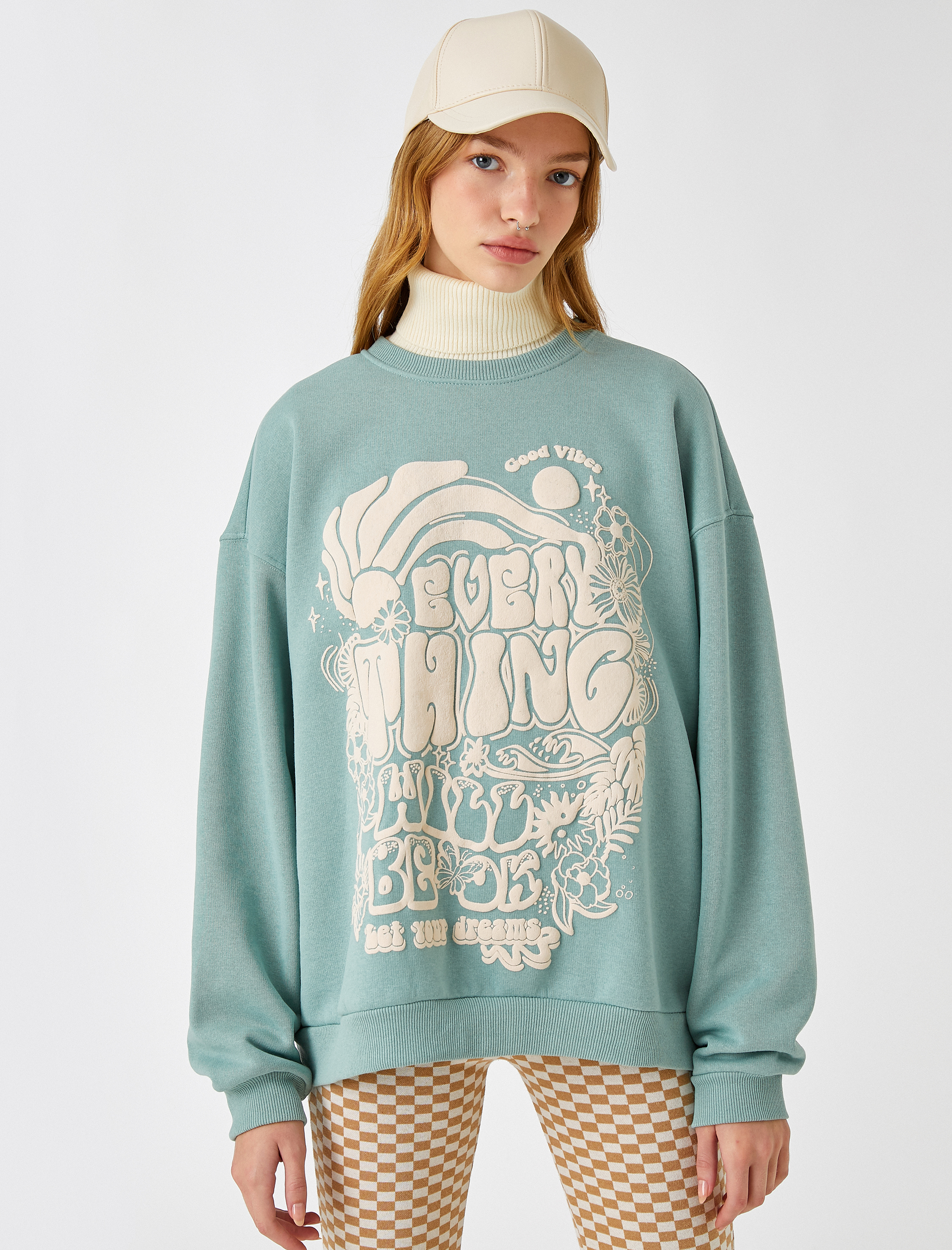   Oversize Sweatshirt Dik Yaka Baskılı İçi Polarlı