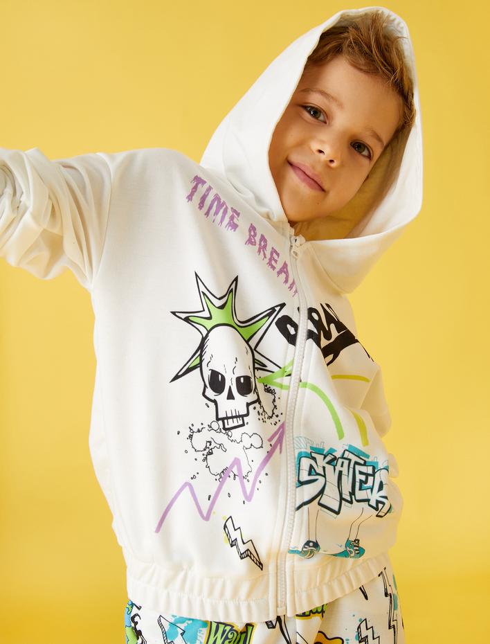 Erkek Çocuk Fermuarlı Kapüşonlu Sweatshirt Baskılı