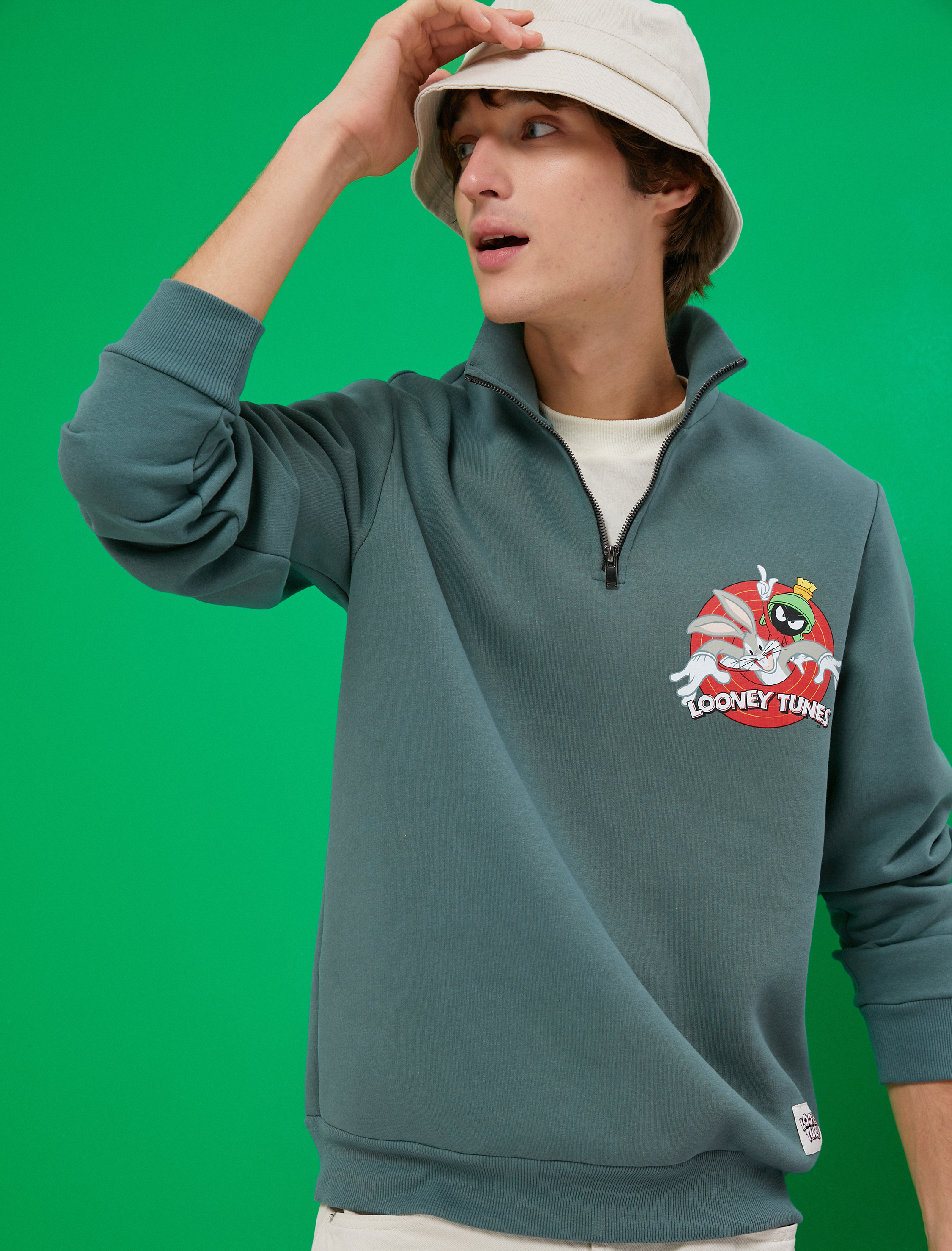   Looney Tunes Fermuarlı Oversize Sweatshirt Şardonlu Lisanslı Baskılı
