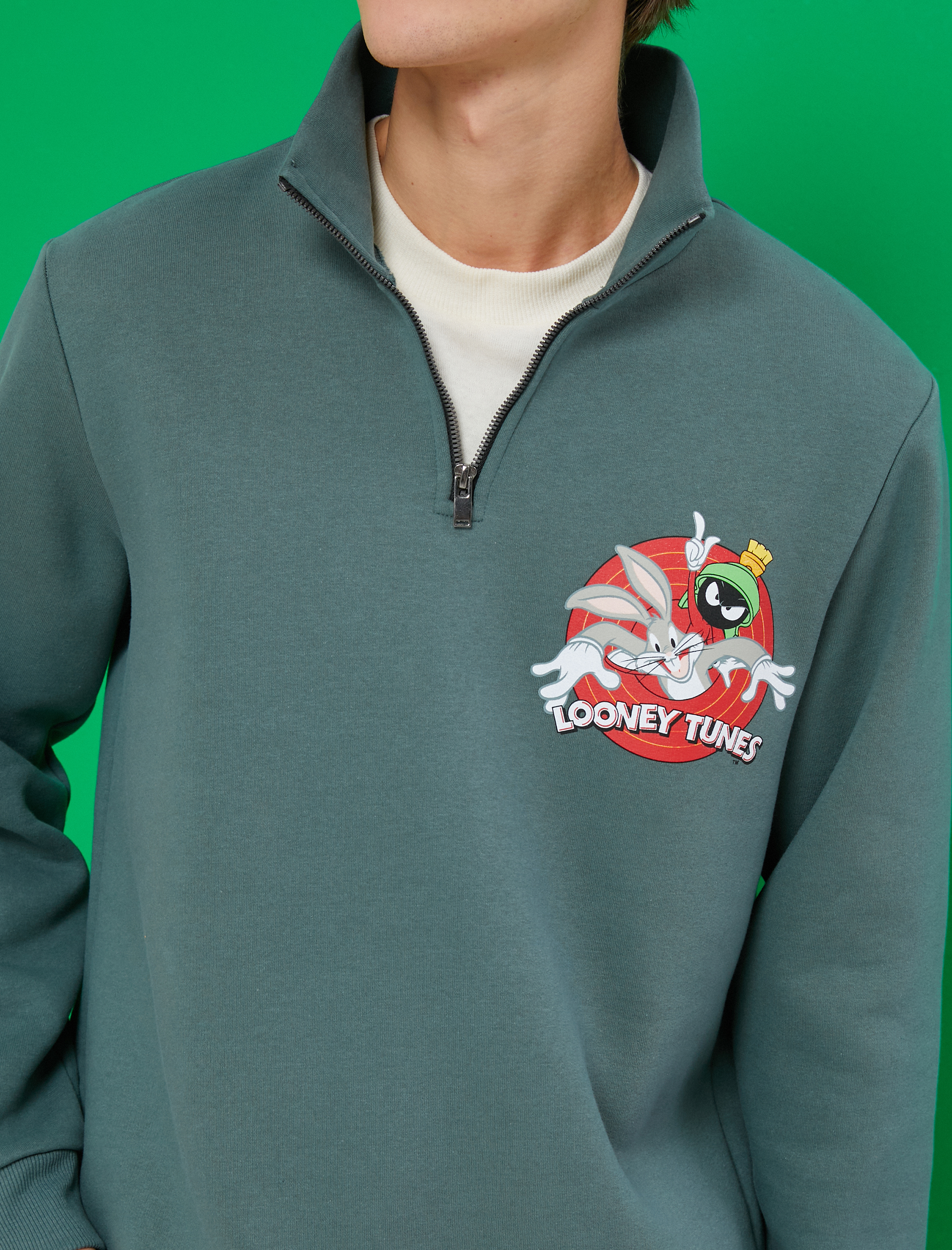   Looney Tunes Fermuarlı Oversize Sweatshirt Şardonlu Lisanslı Baskılı