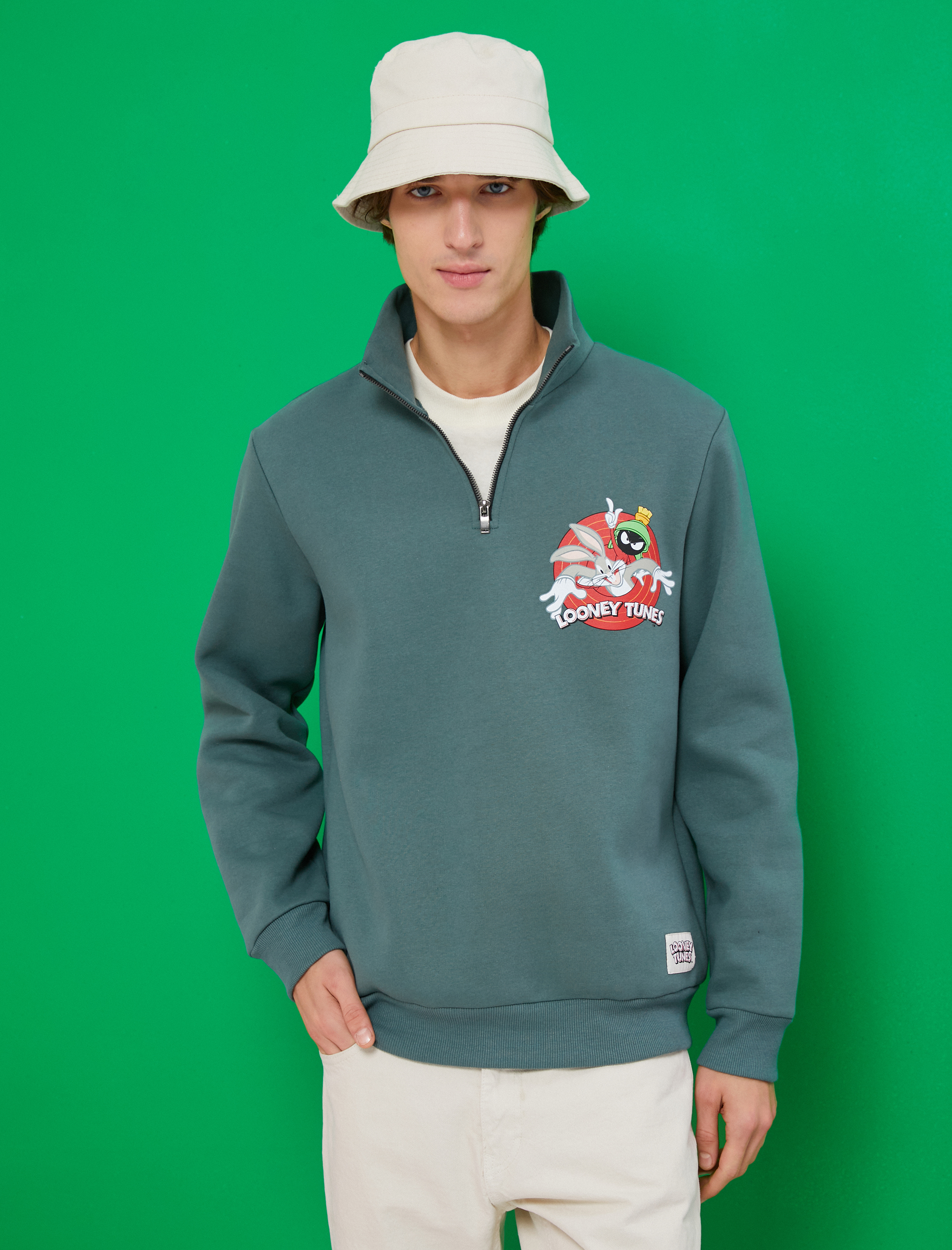   Looney Tunes Fermuarlı Oversize Sweatshirt Şardonlu Lisanslı Baskılı